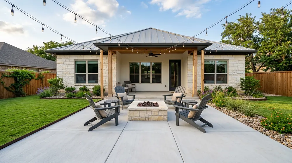 Concrete patio with lounge chairs, a fire pit and string lights in a backyard