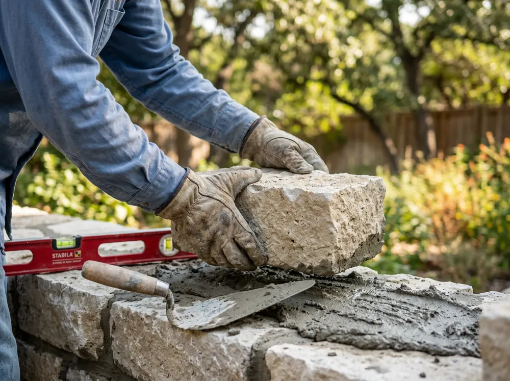 Gloved hands setting a limestone block with a level and trowel
